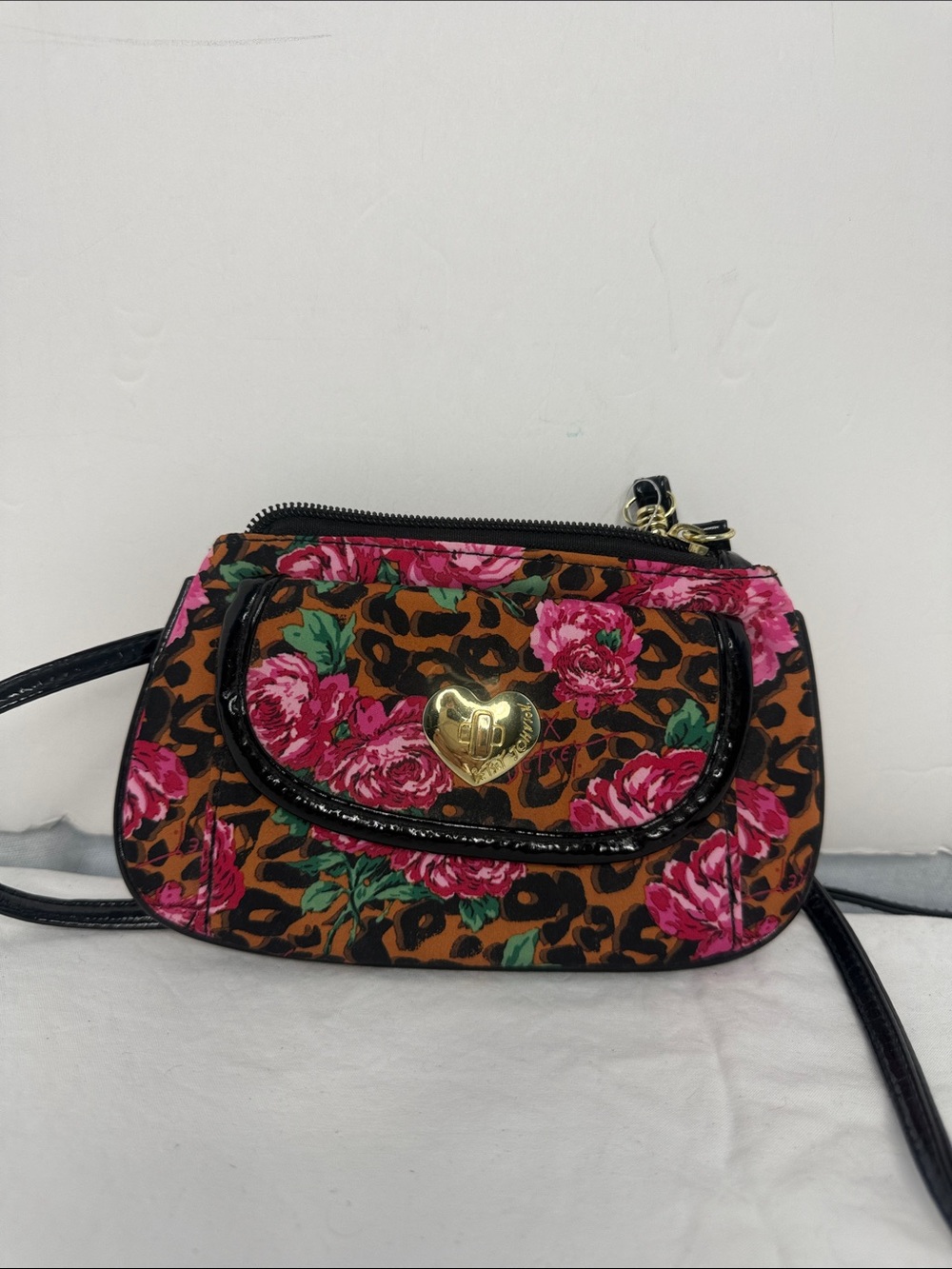 Floral Leopard Print Crossbody Bag with Gold Heart Accent